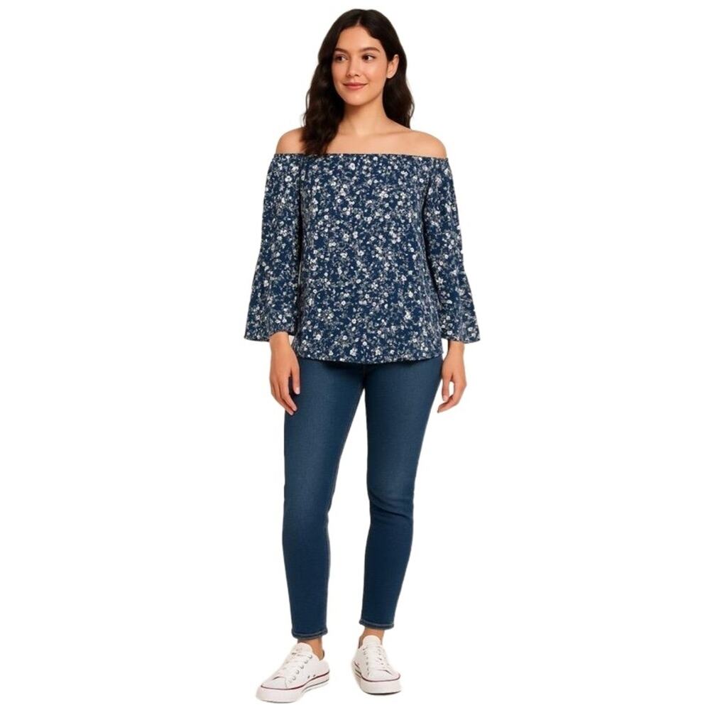 Verse Blouse Womens M Navy Floral Off Shoulder Bell Sleeve Boho‎ Cottage Peasant